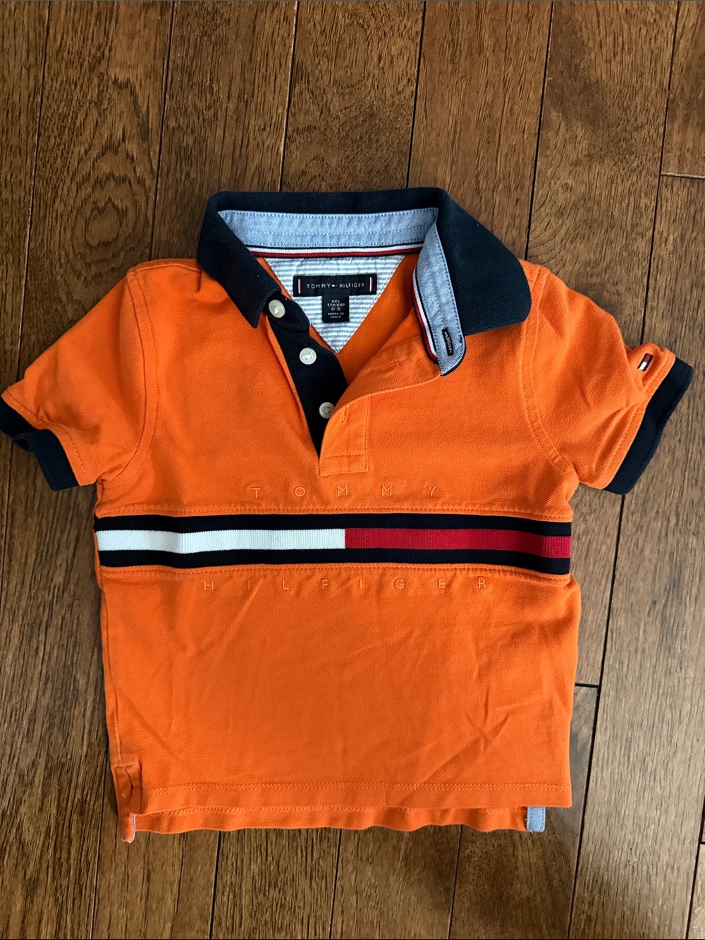 Tommy Hilfiger Orange Polo with Navy Collar and Signature Stripe